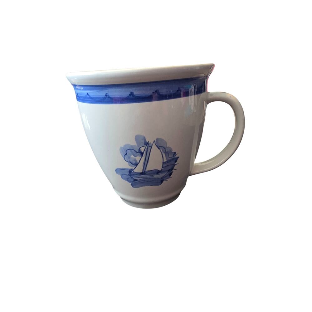 Folkcraft Stoneware Sail Away Pottery Coffee Tea Mug White Blue Sailboat
